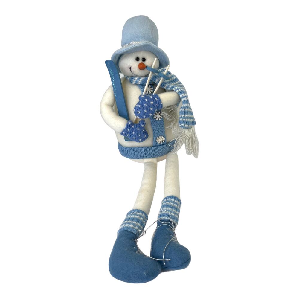 Felt Snowman Shelf Sitter Plush‎ Blue White Top Hat Skies Scarf Charming EUC